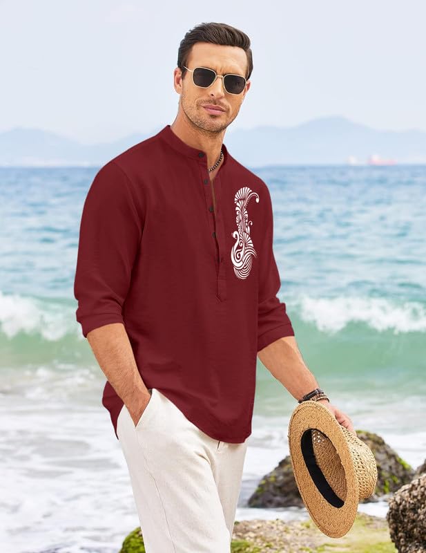 Image of FINIVO FASHION Men's Printed Cotton Blend Short Kurta with Artistic Chest Design | Stylish Full Sleeve Casual Kurta with Mandarin Collar for Daily, Travel Soft Textured