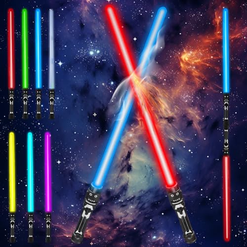 WDKXCN Espada laser crianças, 2 peças Lightsaber com efeito sonoro, 7 cores sabre de luz, 2 em 1 sabre laser telescópicos, espadas de brinquedo para o Natal Halloween presentes de aniversário e