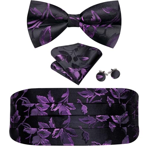 Image of Barry.Wang Men Silk Paisley Cummerbund and Pre-tied Bowtie Handkerchief Cufflink Set for Tuxedo