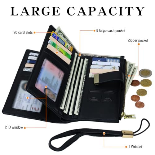 Black RFID Blocking Wallet for Women Long Leather Coin Purse with Flower Design Minimalist Credit Card Holder and ID Window Cute Travel Cash Wallet for Women3