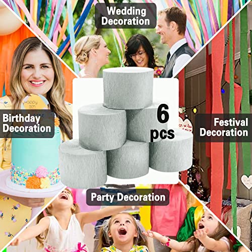 Image of Silver Crepe Paper Streamers 6 Rolls, Party Streamers for Birthday Wedding Baby Bridal Shower Decorations Halloween Christmas Craft Supplies (1.8 Inch x 82 Ft /Roll,492ft)