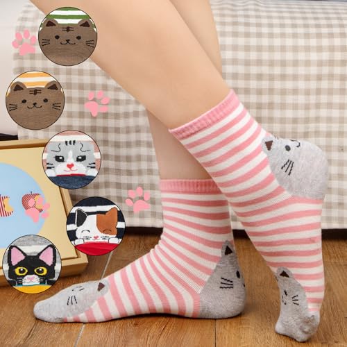 5-6 Pairs Women's Cute Cat Socks Gifts, Funny Novelty Animal Print Crew Cotton Socks Christmas Gifts for Women Girls3