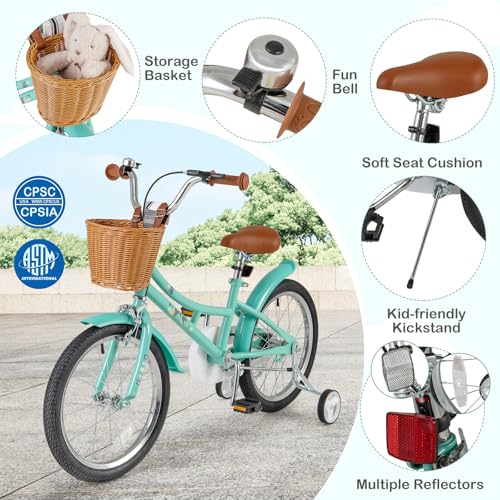 Image of BABY JOY Retro Kids Bike, 12 14 16 18 Inch Child Bike for 3-8 Years Old w /Rattan Basket, Adjustable Height, Training Wheels, Fenders, Handbrake Coaster Brake, 95% Pre-Assembled Kids Bicycle for Girls
