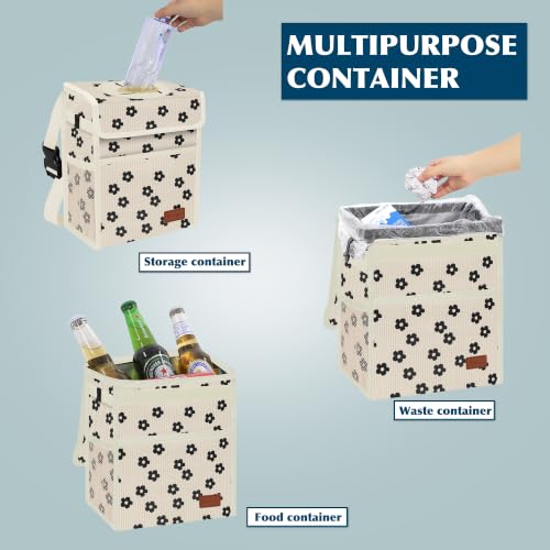 Image of Femuar Leak Proof Car Trash Can with Lid, Collapsible Hanging Waterproof Car Trash Bag with Mesh Pocket for SUV Front Seat Headrest, Beige Flower
