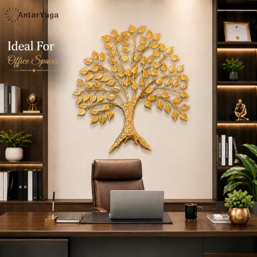 Image of Home & Bazaar Tree of Life Metal Wall Art, Handcrafted Gold Iron Peepal Tree Wall Hanging for Living Room, Bedroom, Office & Entryway, Decorative Wall Decor, 30 x 2 x 27 Inch (76.2 x 5 x 68.6 Cm)