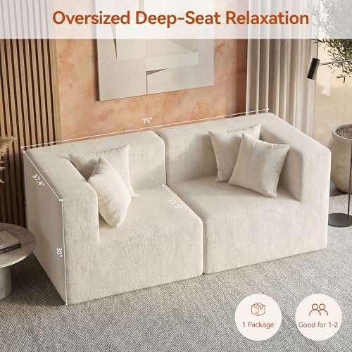 Image of MONVANE 75 inch Loveseat Sofa, Comfy Chenille Modular Sectional Sofa with 4 Pillows, Modern Deep Seat Boneless Couch, 2 Seater Sofa for Living Room, Bedroom and Apartment, Beige