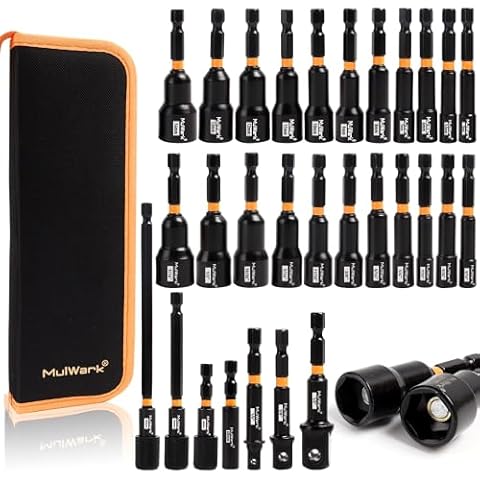 MulWark 29 Piece Magnetic Nut Driver Set, Impact drill socket adapter, SAE, and Metric Nut Driver Set Includes Magnetic Bit Holder, Quick Release Extension with Storage Bag Cover