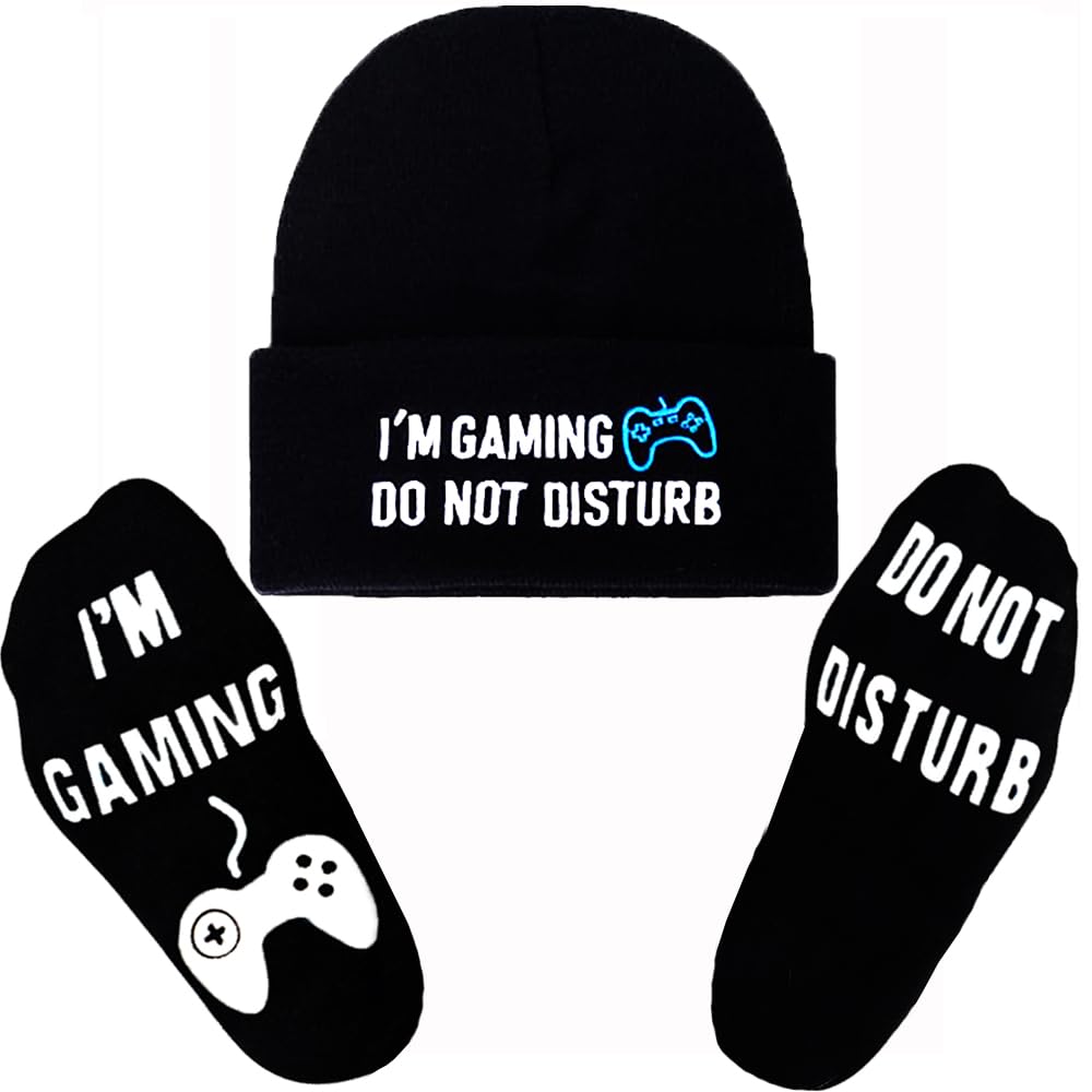 EngmooDo Not Disturb Gaming Socks Black Beanie Hat Father’s Day Gamer Gifts for Teens Boys Men Kids