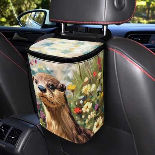 Image of Talayituse Otter Daisy Print Car Trash Bin, Large Size Auto Trash Can Adjustable Portable Garbage Can with Lid, Vehicle Hanging Bag for Headrest Front Back Seat