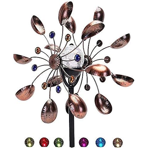 NUENUN Wind Spinner Outdoor Metal - Multi-Color Seasonal LED Lighting Solar Powered Glass Ball with Kinetic Wind Spinner Dual Direction for Patio Lawn & Garden Cover