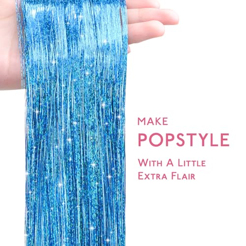 Image of WENNALIFE Hair Tinsel for Girls, Sky Blue Fairy Kit 1200 Strands 6PCS 48 Inch Heat Resistant Glitter Tinsel Hair Extensions Kit Christmas Feathers Hair Sparkle Strands