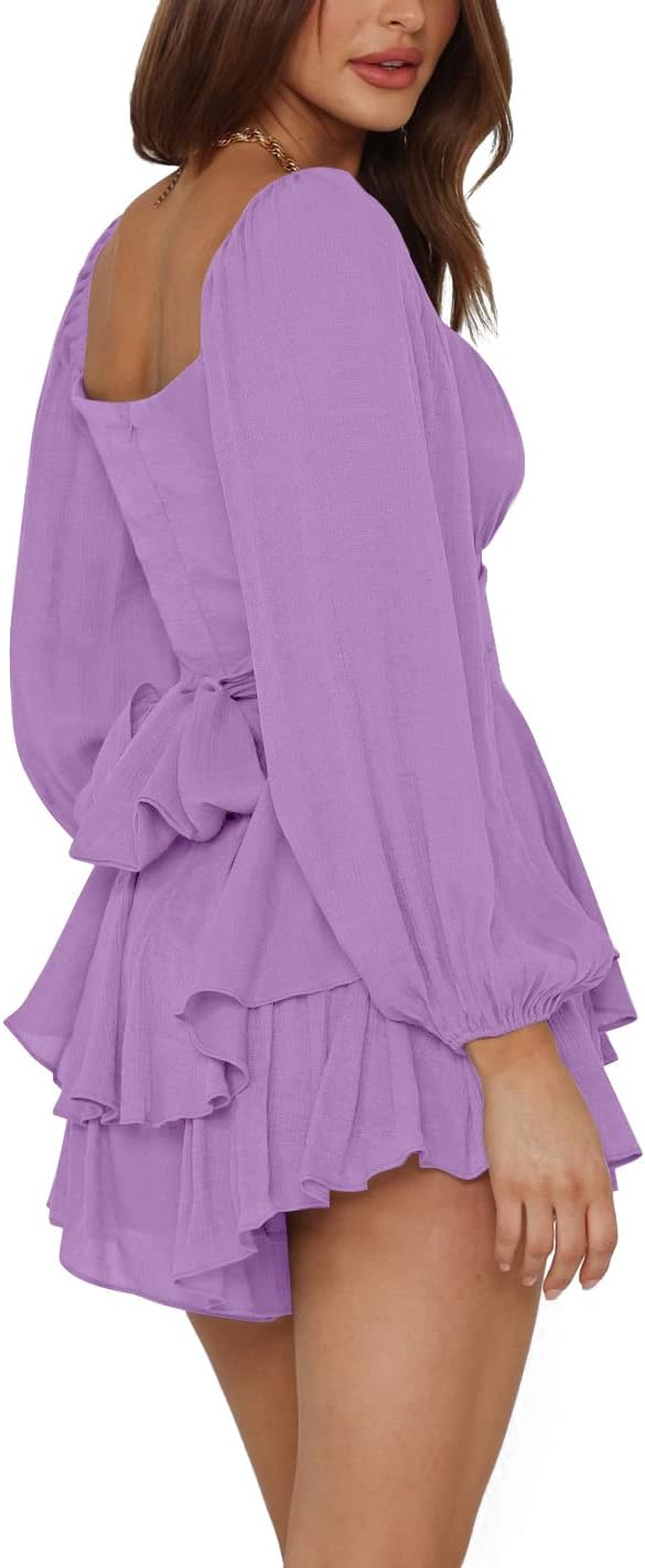 LYANER Women's Jumpsuit Lantern Long Sleeve Ruffle Layer Tie Mini Short Romper - Image 3