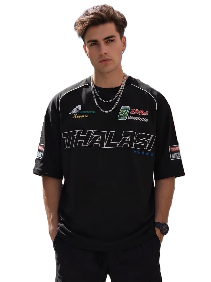 THALASI Men's Oversized T-Shirt Black Graphic Print Cotton Loose Fit Drop Shoulder Streetwear Tees Top Heavyweight Cotton Casual Round Neck Tee-Shirt-image-41