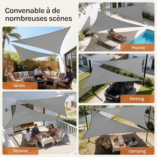 Voile d'ombrage triangulaire 5x5x7 m gris en polyester imperméable