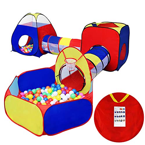 KMiKE 5 Pcs Kid Play Tent with Tunnel and Ball Pit Playhouse for Girls Boys Tent Castle for Indoor and Outdoor, Portable Folding Play House with Carry Case(Not Include Ball)