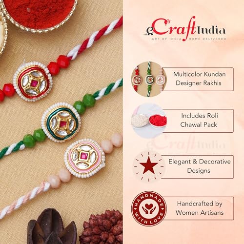 Image of eCraftIndia Multicolor Set of 3 Semi Precious Stone Designer Rakhis with Roli Chawal Pack - Rakhi for Brother