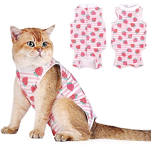 Image of Cat Surgery Recovery Suit - Post Spay /Neuter Bodysuit, Anti-Licking Wounds Alternative to Cat Cone, Pink Strawberry /M