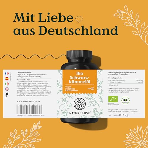 NATURE LOVE® Bio Schwarzkümmelöl - 240 allergenfreie, vegane Kapseln - hochdosiert: 1000mg pro Tagesdosis - davon 50% Linolsäure - kaltgepresst, aus Ägypten 6