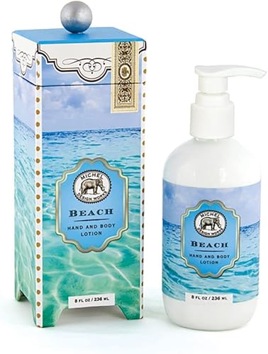 Michel Design Works Loción para manos y cuerpo 8oz, aroma y diseño de playa, manteca de karité y mezcla de aloe vera, hermoso recipiente con bomba