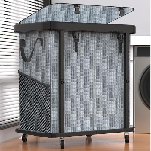 Image of 190L (50 Gal) Large Fashion Laundry Basket with Wheels, Leather Patchwork Rolling Hamper Carts, Sturdy Metal Frame, Removable Washable Bag, Tall Clothes Sorter for Bedroom - Gray