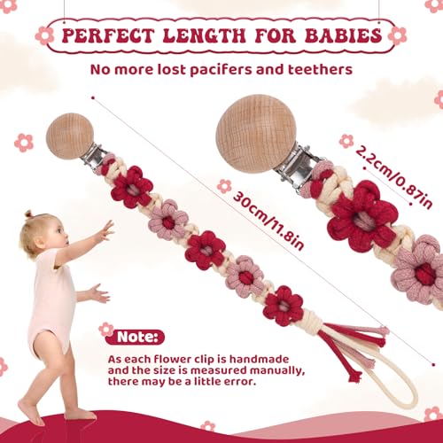 Image of Pacifier Clip for Boys Girls Floral Daisy Macrame Baby Paci Clip Pacifier Holder Leash Boho Wooden Clips Handmade Braided Cotton Binky Clips (2pack:Red Daisy x 2)