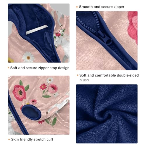 Horse and Floral Pattern Toddler Fleece Jacket Girl Boys Hooded Fleece Jacket Coat Warm Outwear Zip-up 3-10T3