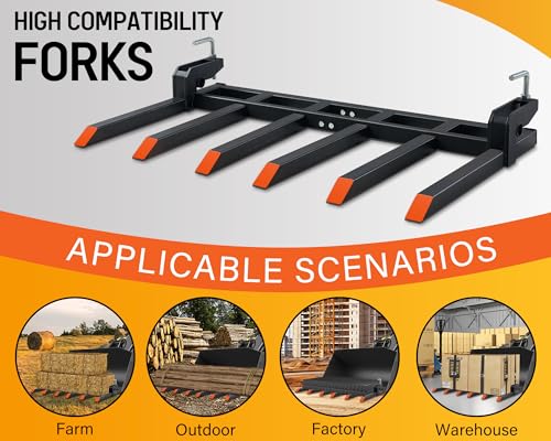 Specraft Heavy-Duty 6-Tine Clamp on Pallet Forks for Tractor Forks over 60”, 4000 lbs Capacity for Tractor Loader Skid Steer, double nut construction, to Clean Debris, or Yard Waste, Black