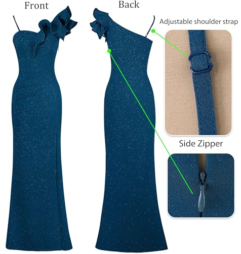 Image of VFSHOW Womens Ruffle One Shoulder Strap Ruched Formal Prom Wedding Maxi Dress V Neck Elegant Split Cocktail Evening Long Gown