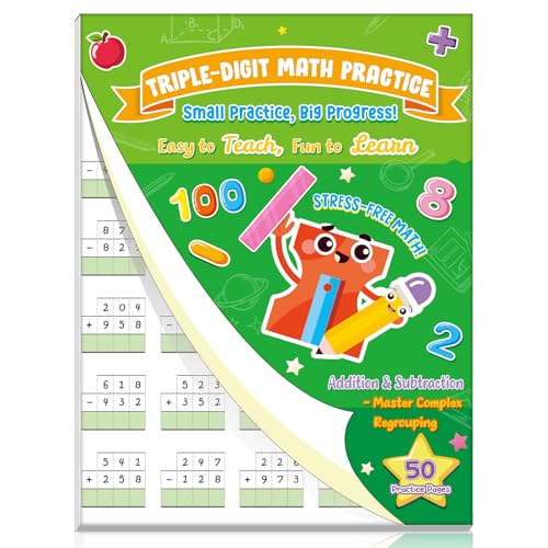 Ireer 1 Pcs One Page a Day Triple Digit Addition and Subtraction Math Problem Workbook for Grades 2-3, Just Tear Out a Page Each Day for Repetitive Math Practice