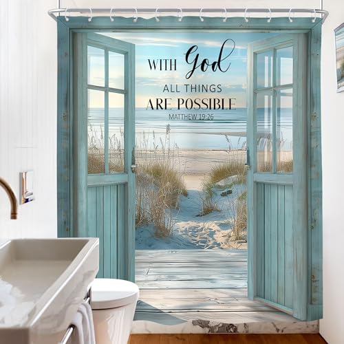 Riyidecor Beach Bible Verse Shower Curtain Blue Barn Door Inspirational Quotes Coastal Ocean Rustic Scenery Farmhouse Wood 60Wx72H Inch Nature Fabric Decor Bathroom Polyester Waterproof 12 Pack Hooks - Image 4
