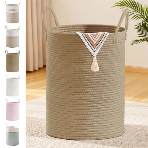 Image of 100L Extra Large Tall Cotton Rope Laundry Basket with Handles, Jute