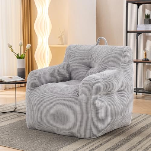 Lyon Sence Bean Bag Chair, Stuffed Bean Bag Chair, Foam Filled Bean Bag Chair, Big Bean Bag Chair with Filler for Living Room (Corduroy Fabric in Light Gray, 39.5