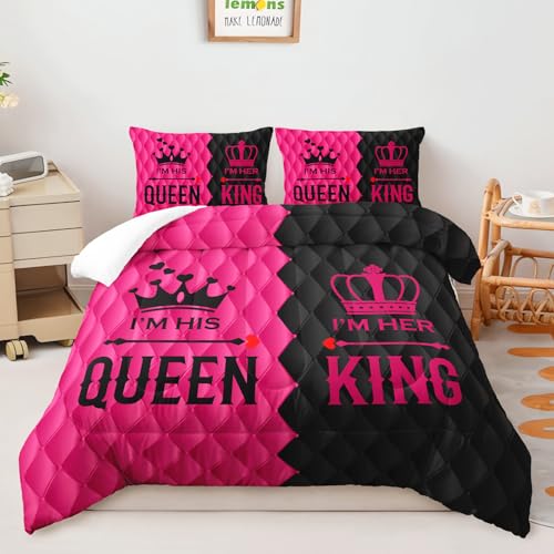 Image of AILONEN King and Queen Print Comforter Set Queen Size,3-Piece Romantic His Hers Bedding Set for Lovers Couple,Crown Mr Mrs Theme Men Women Pink and Black Comforter with 2 Pillowcases