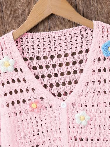 Verdusa Girl's 3D Floral Applique Long Sleeve Hollow Out Knitted Button Up Cardigan3