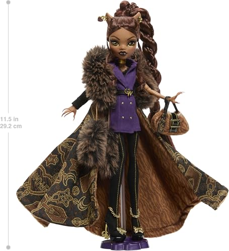 Image of Monster High Doll, Clawdeen Wolf House of Wolf Collectible with Faux Fur Jacquard Coat, Purple Blazer Dress, Pantaboots and Golden Accessories
