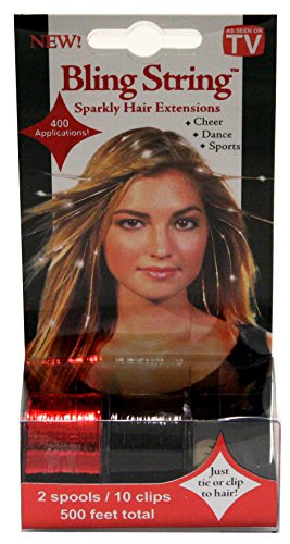 Mia Bling String, Sparkly Hair Tinsel Extensions on Spools, 500 Feet/300+ Applications, Hologram Red and Black, 10 clips, for Women and Girls 1pk