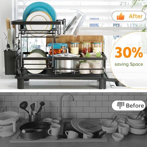 Image of 2 Tiers Dish Drying Rack, Space-Saving Dish Racks for Kitchen Counter, Dish Drainer Drying Rack with Drainboard, Utensil Holder Cups Holder and Adjustable Swivel Spout, Black