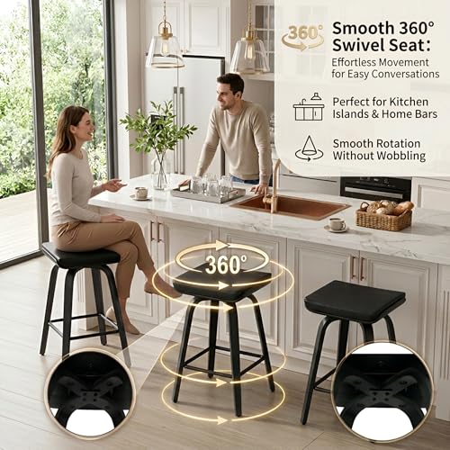 Image of 26 inch Swivel Bar Stools Set of 2, Backless Counter Height Bar Stools with Removable Faux Leather Cushion, 360 Swivel Wooden Saddle Stools with Footrest for Kitchen Island, Home Bar, Small Spaces, Black