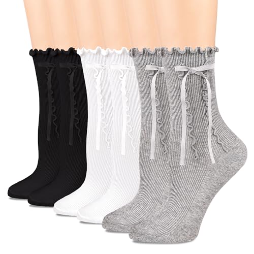 Womens Crew Ruffle Socks Cute Frilly Casual Socks Ribbon Bow Knit Cotton Lettuce Adorable Socks 3 Pack