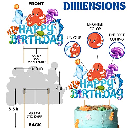 Image of Zyozique 37 Piece Ocean Theme Party Decoration,Under The Sea Happy Birthday Paper Banner Balloons Cake and Cup Cake Toppers Kit, Underwater Animals Sign Party Supplies