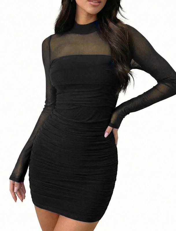Vestito Donna Elegante Maniche Lunghe Collo Alto Sexy Mini Abito a Rete Trasparente Casual Vestito Corto Autunno Inverno Tubino Aderente con Arricciatura per Festa Discoteca Sera Cocktail