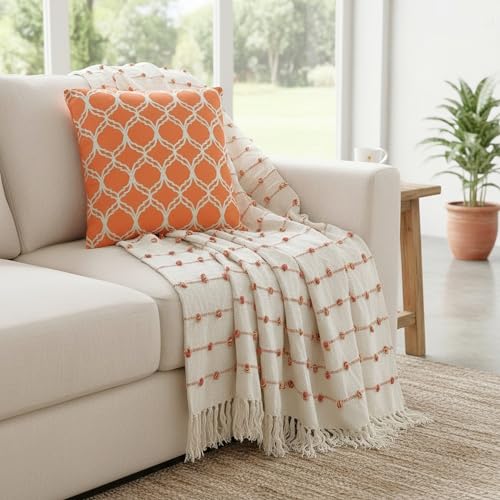 Image of SAJAVAT HOME Soft Cotton 3 Seater Sofa Throw with Cushion Cover | Beige & Royal Orange Throw 82 inchx52 inch & Orange Cushion Cover 18''x18'' for Living Room, Bedroom, Sofa, Chair & Gift | Pack of 1