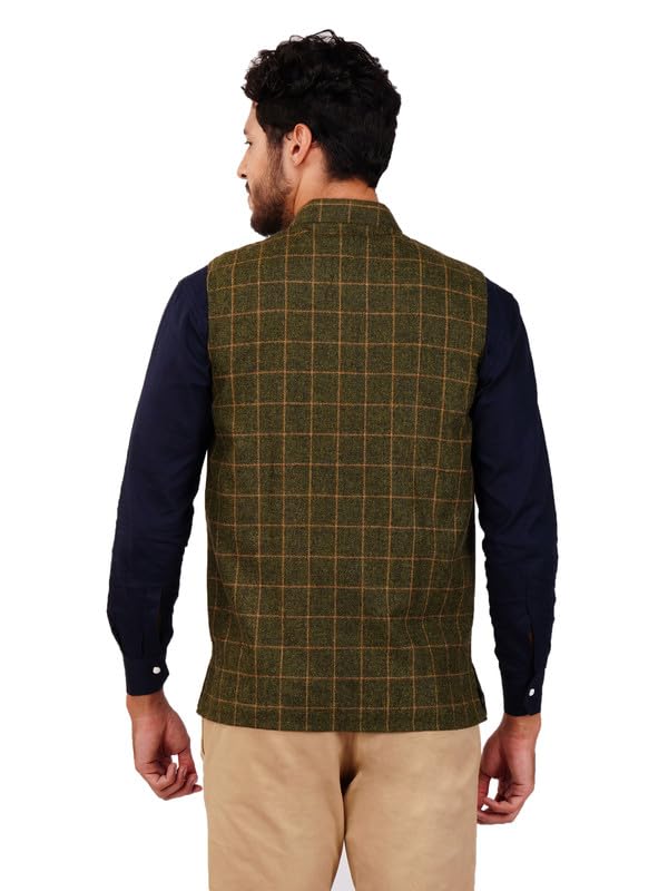 Image of Vastraa Fusion Men's Mehandi Green Chequered Woolen Blended Festive Nehru Jacket /Waistcoat (VASTRAAVS4409-40)