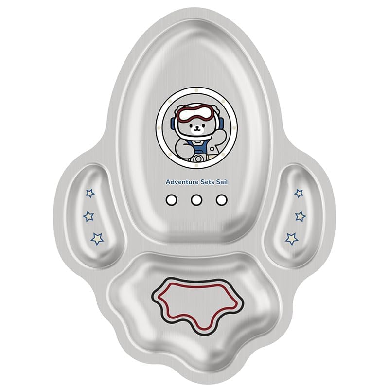 Happy Hues® Stainless Steel Divided Meal Plate Tray-3 Compartments Dinner Dish for Baby (Rocket)