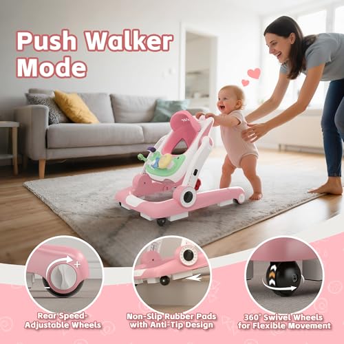 baby walker with wheels 5 in 1 walker for baby boy girl 6-12 months with bouncer music and lights baby jumper activity center adjustable height speed push walker for ages 6-18 months toddler