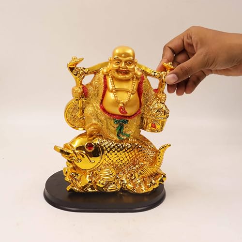 Image of Spillbox Resin Golden Happy man Statue|Laughing Buddha|Feng Shui|Show Piece|Gift Item |Vastu|Decorative Showpiece for Home Decor|Office Desk Table (Happy Man Fish for Health)