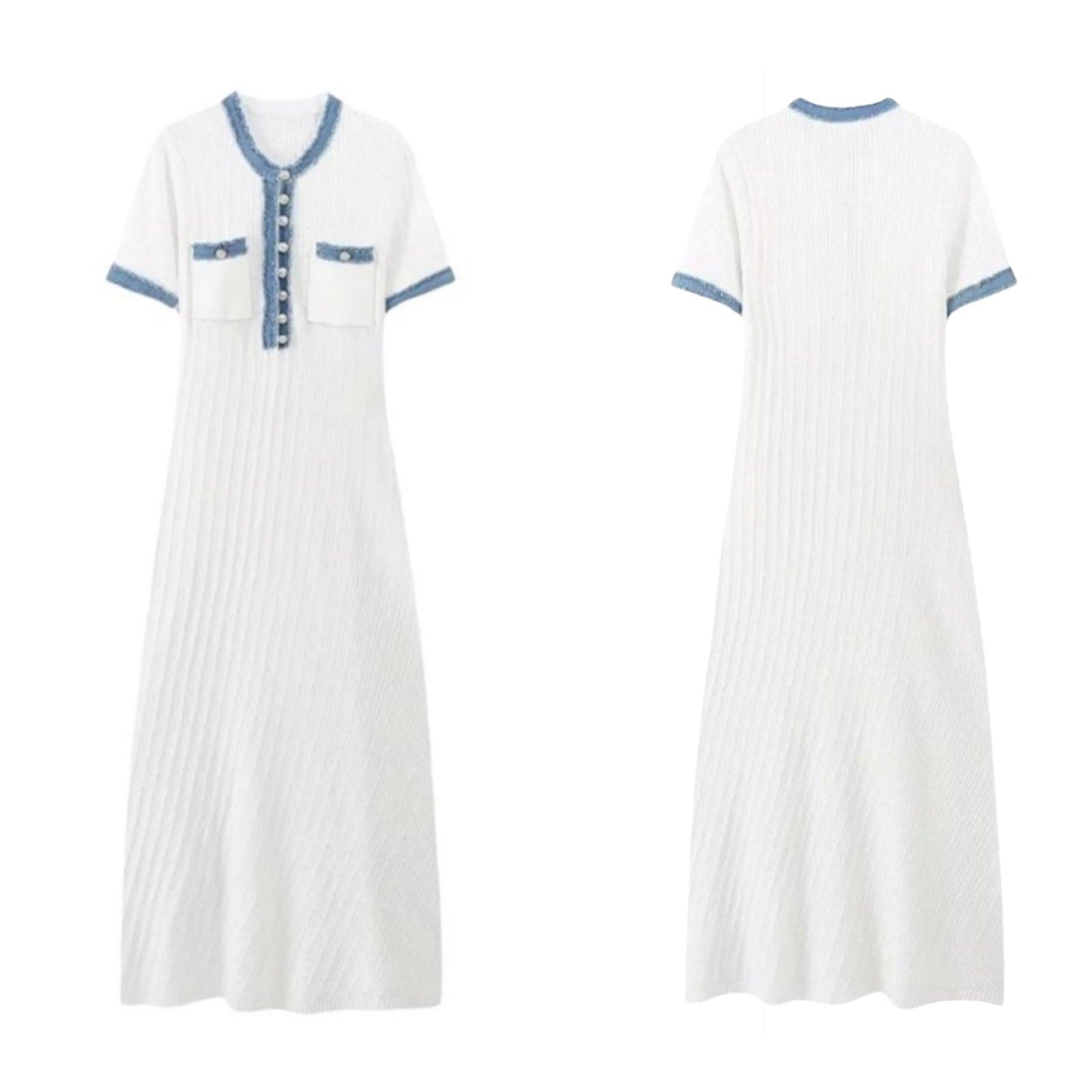 Vestido largo de punto acanalado para mujer de manga corta sexy ajuste ajustado con botones elegante de fiesta largo suéter