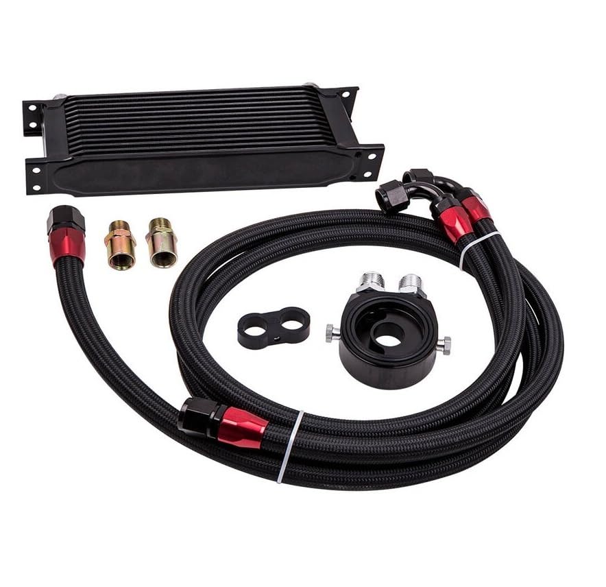 Kit di installazione Radiatore Olio Universale in Alluminio 13 File Attacchi -AN10 maschio 330 x 50 x 95 mm Olio Motore Trasmissione incluso 2 Tubi Rinforzati Adattatore Filtro e Raccordi