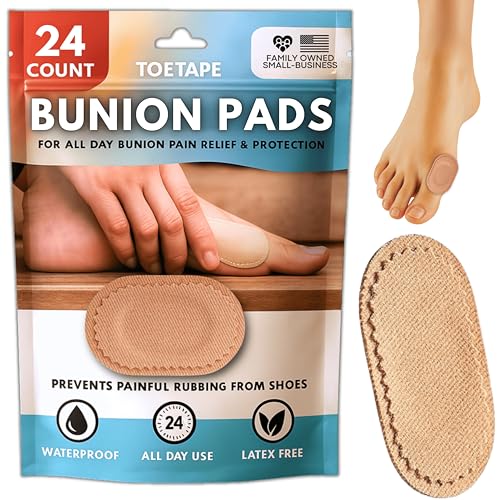 ToeTape Bunion Pads (24 Pack) - Pain Relief Cushions for Shoes - Moleskin Pads Cover Bunions, Prevents Rubbing, and Painful Contact - All-Day Water-Resistant Adhesive, for Men and Women