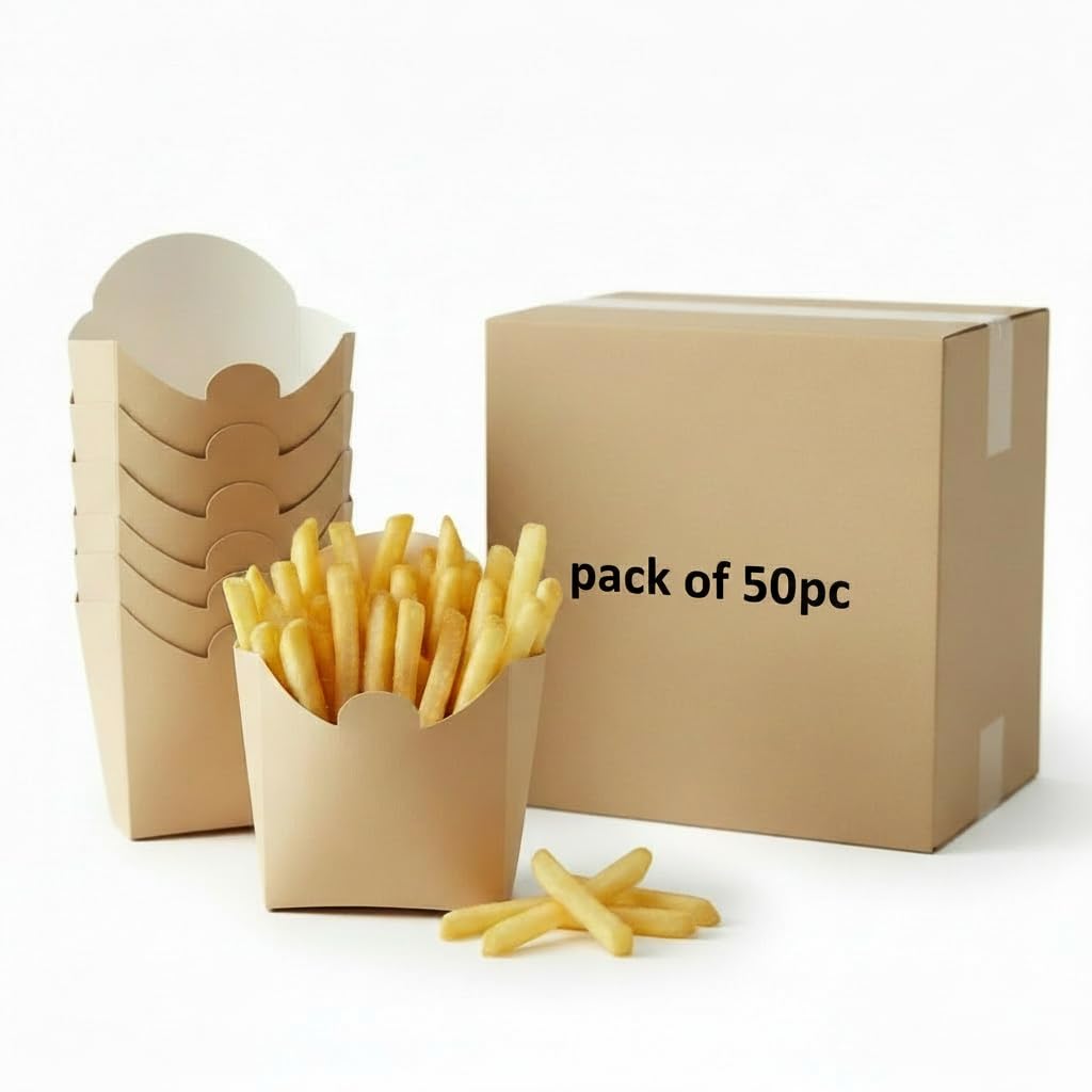 French Fry Holder Box Pack of 50 | Disposable French Fries Containe & Serving Cups | Food Grade Snack Tray for Fries, Nuggets, Street Food & Takeaway Packaging-image-35